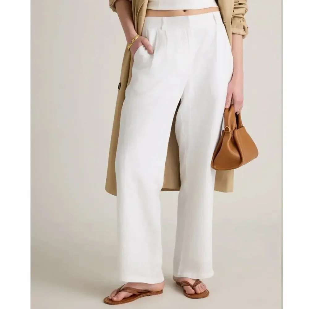 Quince 100% European Linen Pleated Trouser Pants 2 White Beachy Minimalist Lined